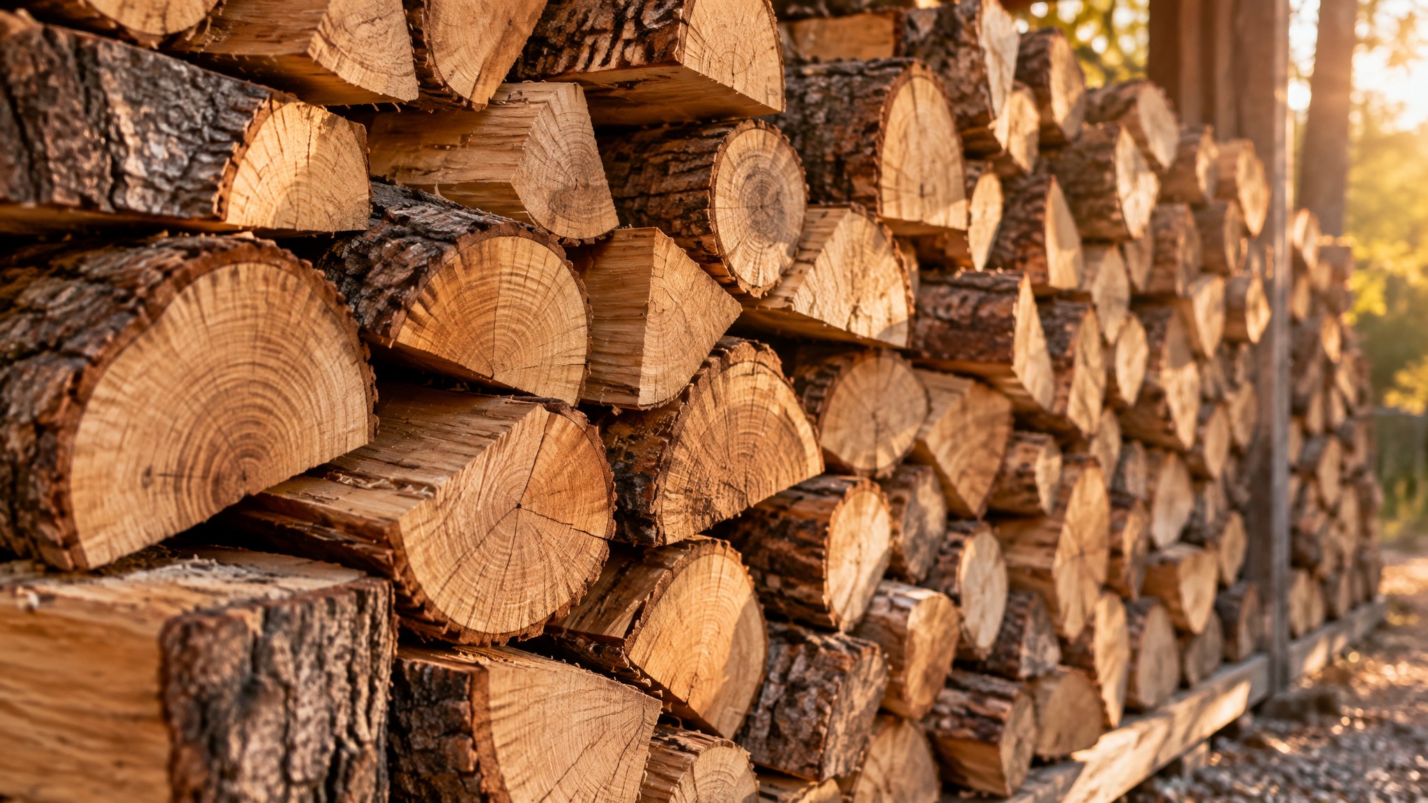 Bûches de bois de chauffage fendues et soigneusement empilées